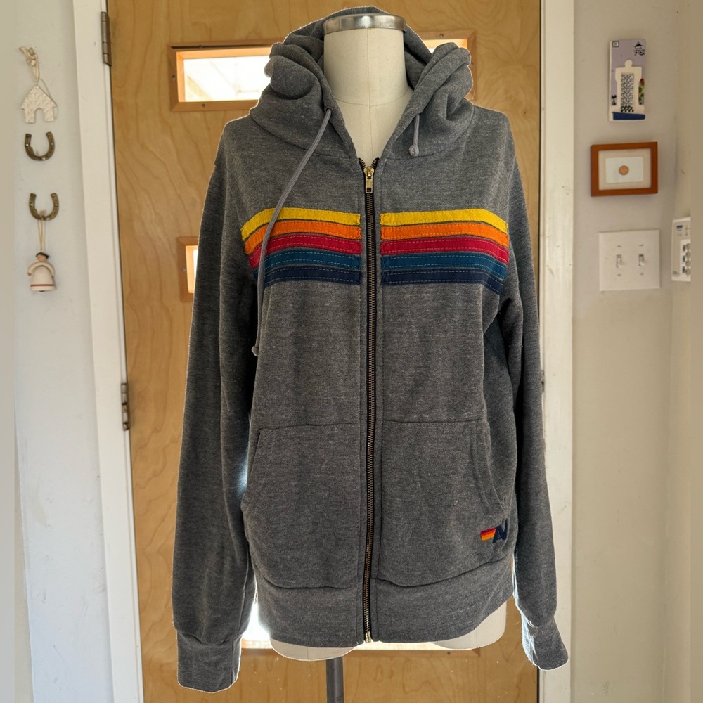Aviator Nation 5 Stripe Relaxed Zip Hoodie Heather Grey
